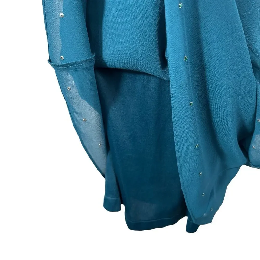 Ursula Of Switzerland Teal Blue Sleeveless Rhinestone Ruffle Hem Dress - Picture 5 of 9